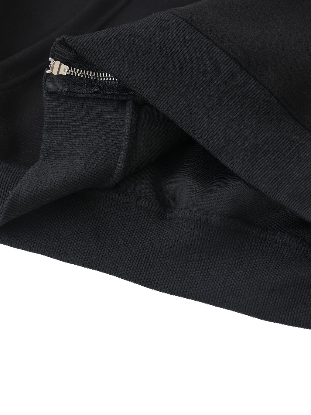 Close-up of a black garment with a zipper detail on a white background