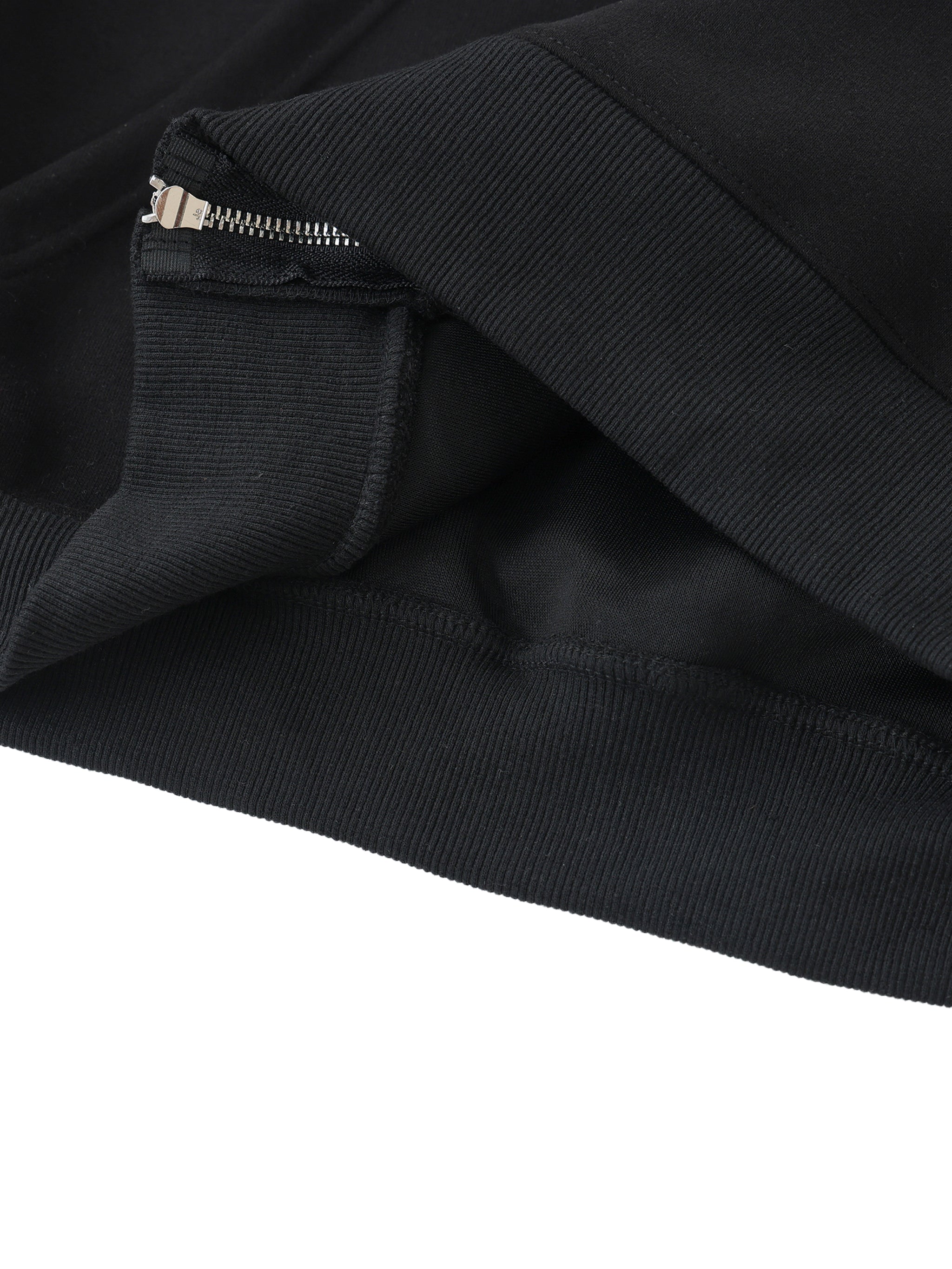 Close-up of a black garment with a zipper detail on a white background